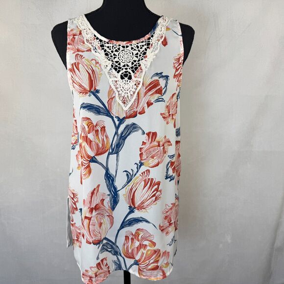 LC Lauren Conrad Tops - Lauren Conrad Women Sz S Ivory Tank Tunic Floral Print Crochet Neck Sleeveless